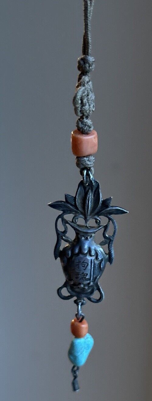 1800s Chinese Silver Amulet Vase with Coral & Turquoise