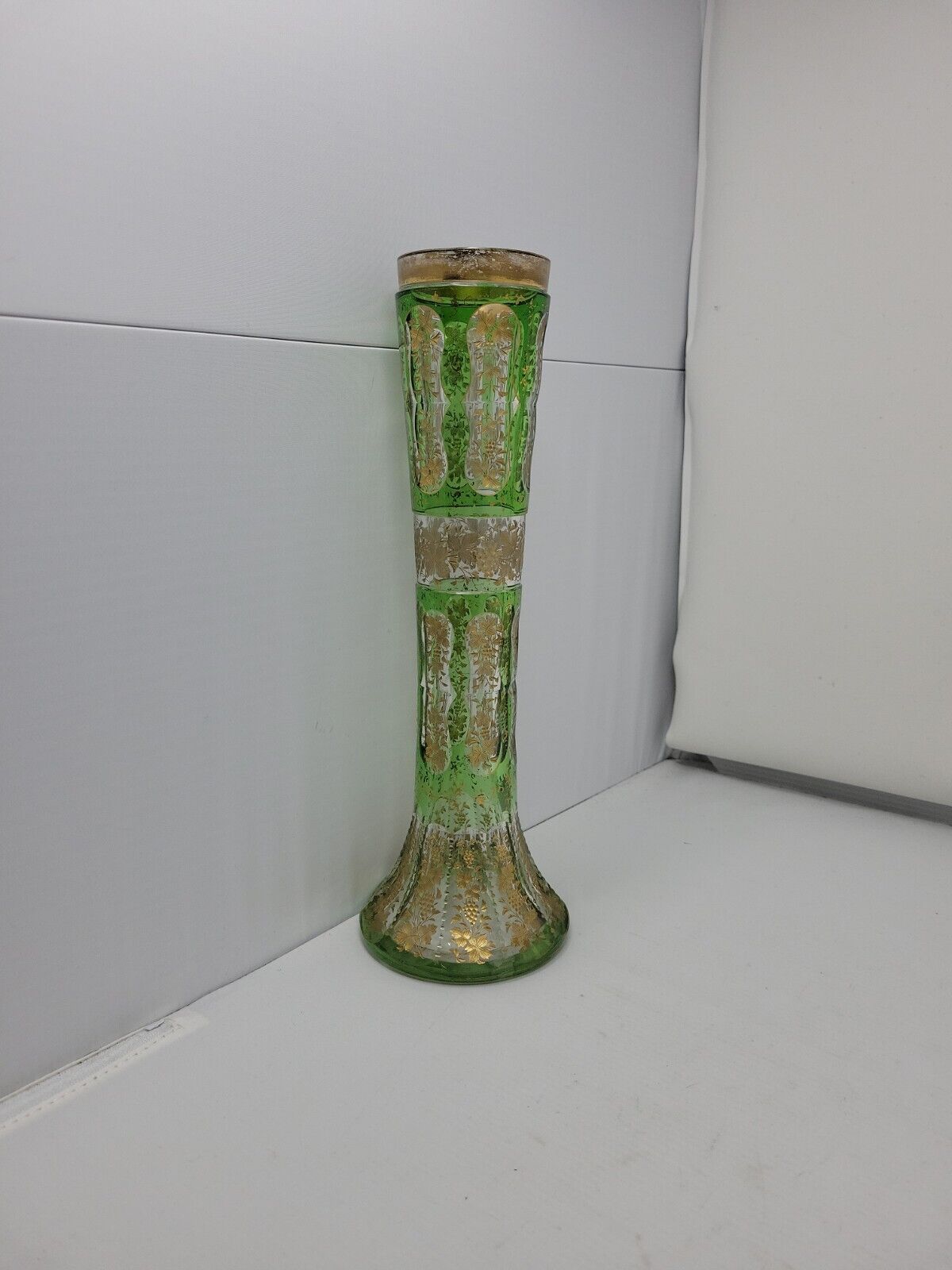 Antique Josephinenhutte Glass Vase with Gold Grapes