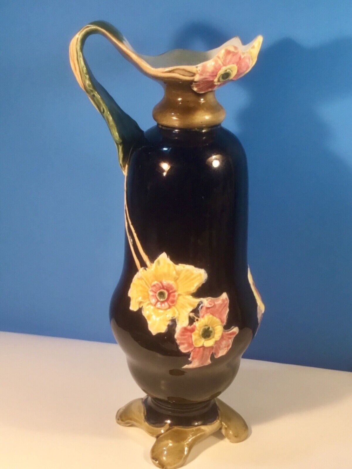 Art Nouveau Majolica Deep Blue Flowers Vase circa 1800's