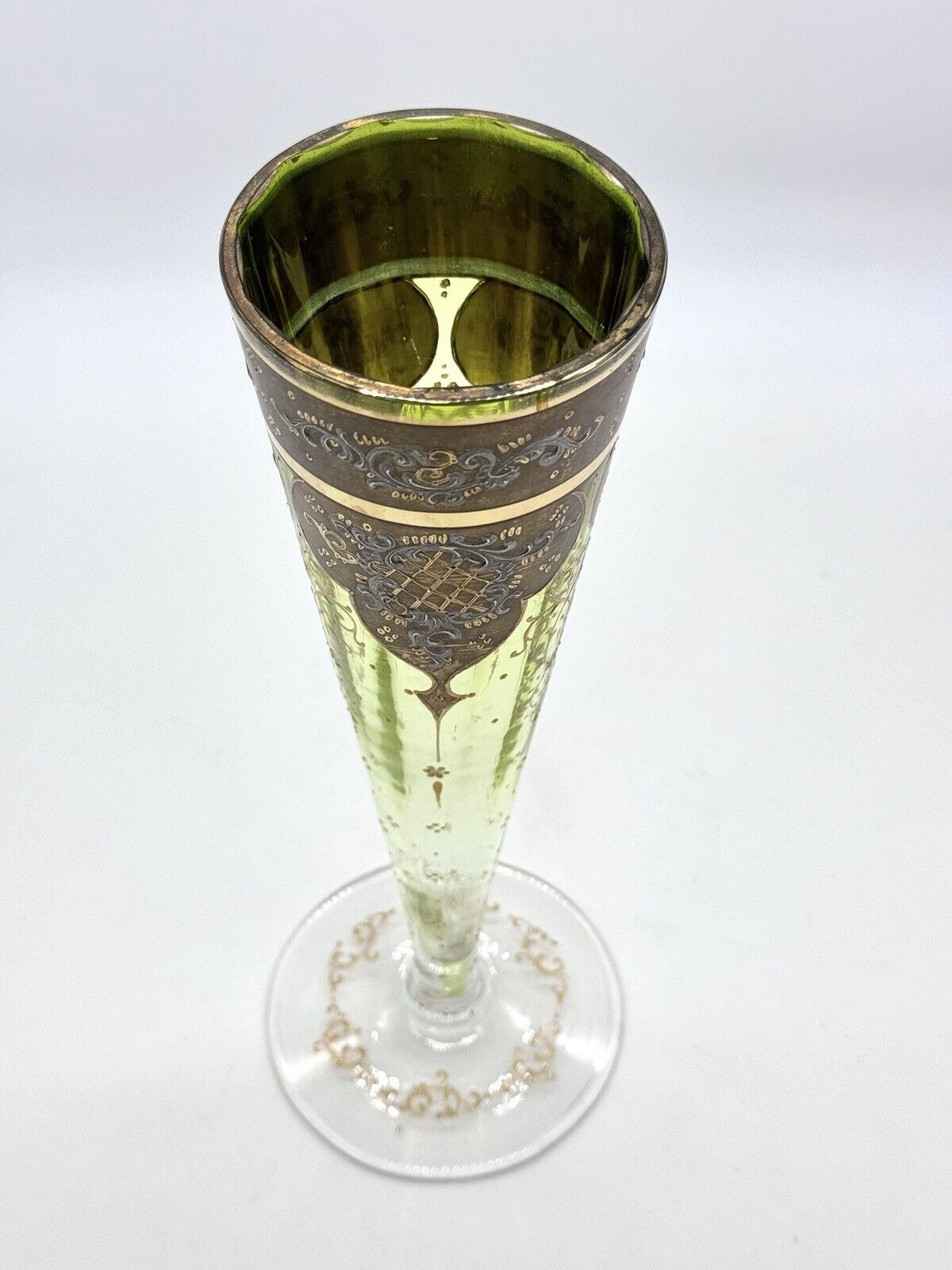 12" Moser Art Glass Trumpet Vase, 1900's Green