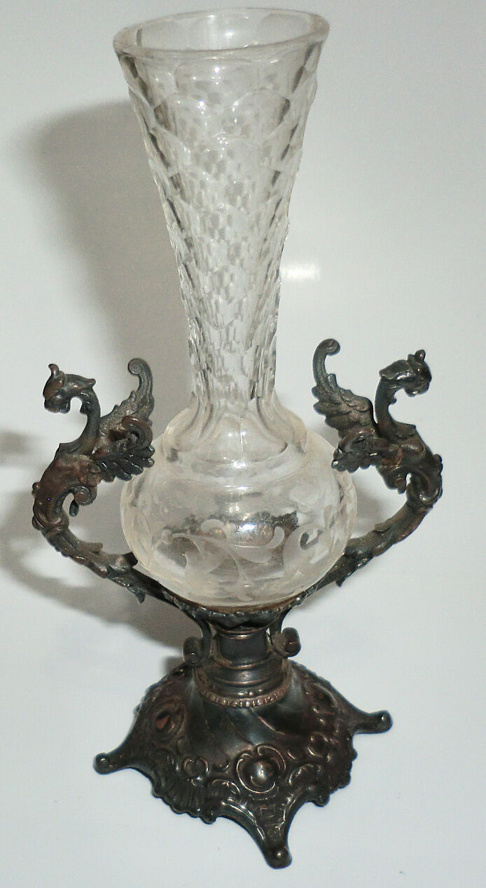 1800s Sterling Dragon Mythological Crystal Vase 4-3/4