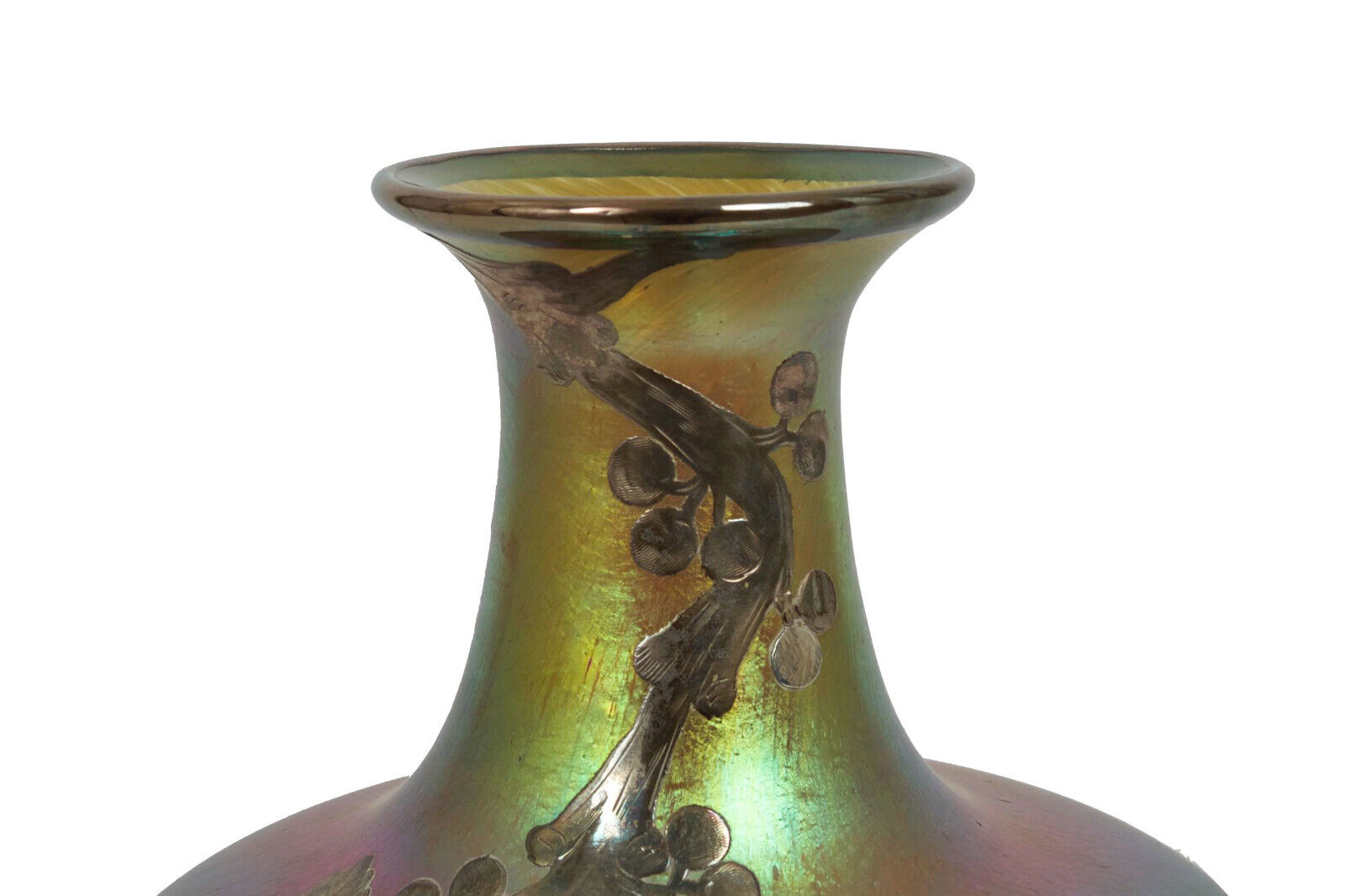 1900s Austrian Iridescent Glass Vase with Silver Overlay