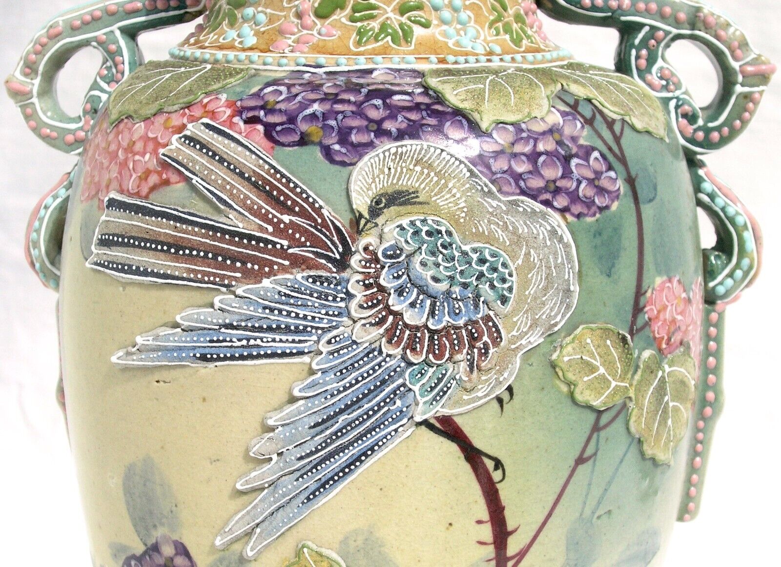 1900's Victorian Japanese Moriage Vase with Bird & Flowers