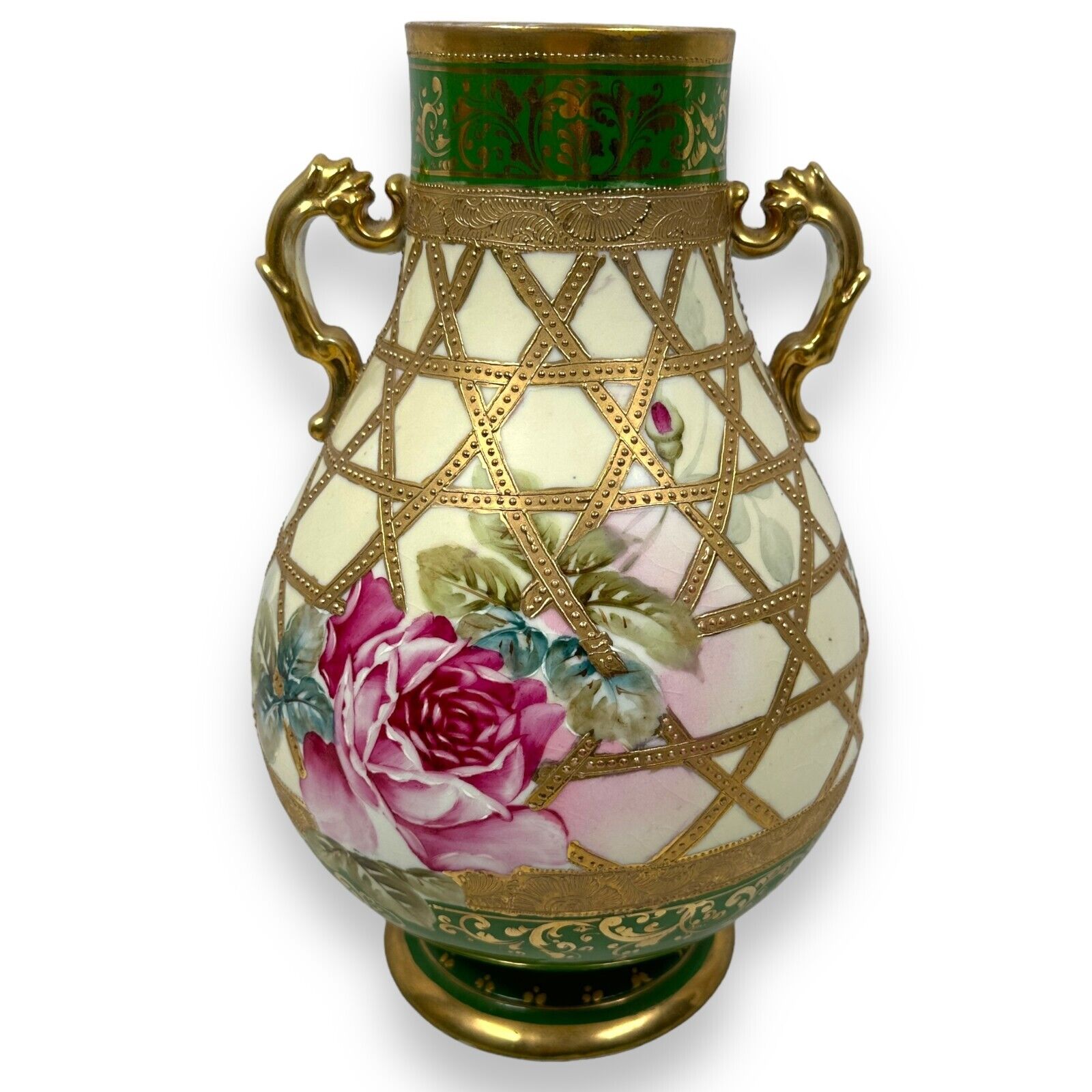 Nippon Hand Painted Floral Vase with Gold Beads