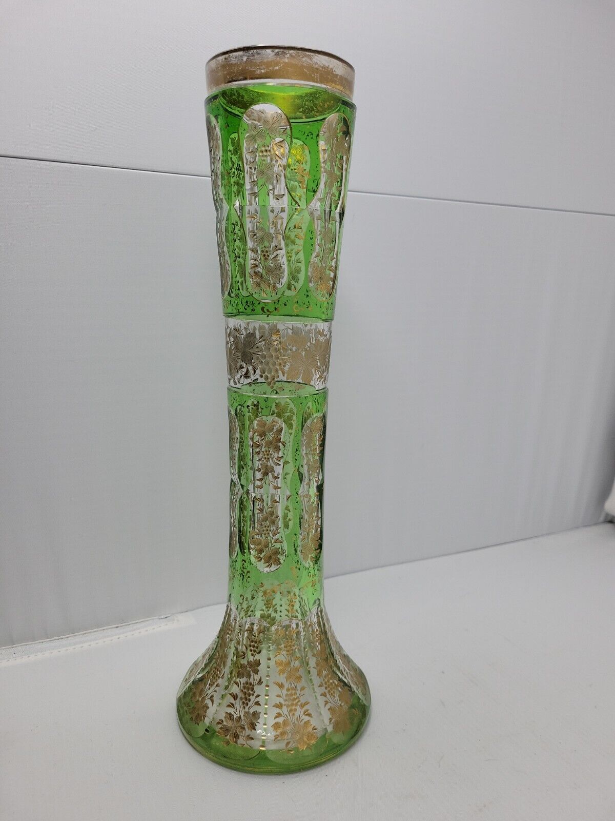 Antique Josephinenhutte Glass Vase with Gold Grapes
