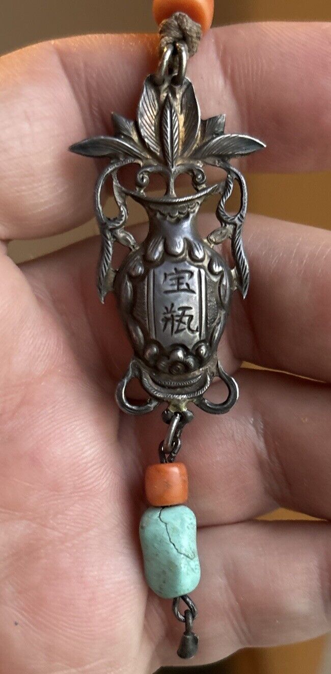 1800s Chinese Silver Amulet Vase with Coral & Turquoise