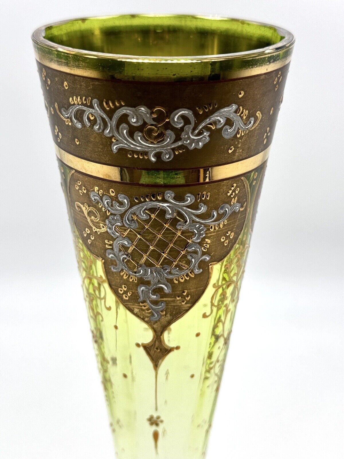 12" Moser Art Glass Trumpet Vase, 1900's Green