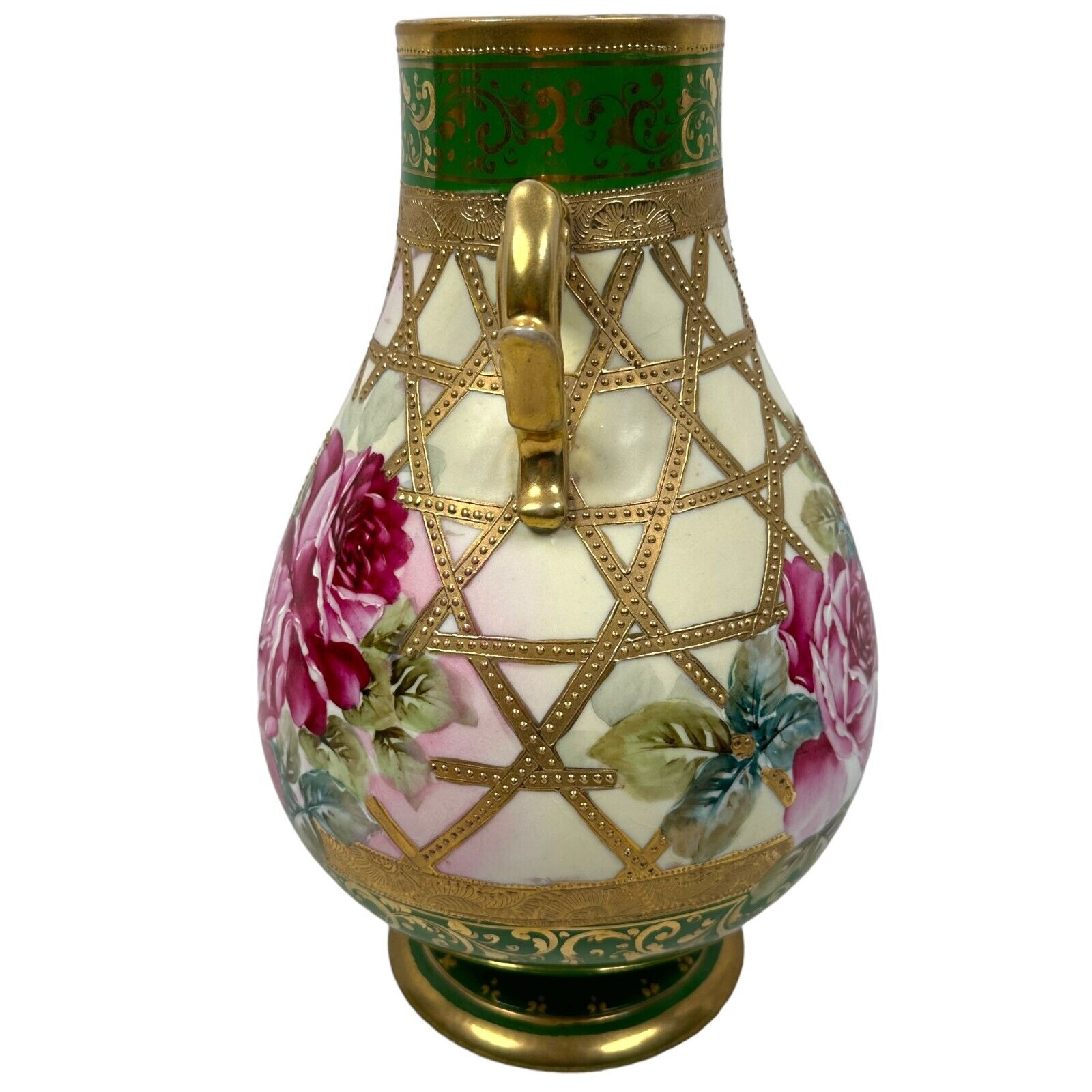 Nippon Hand Painted Vase with Gold Beaded Floral