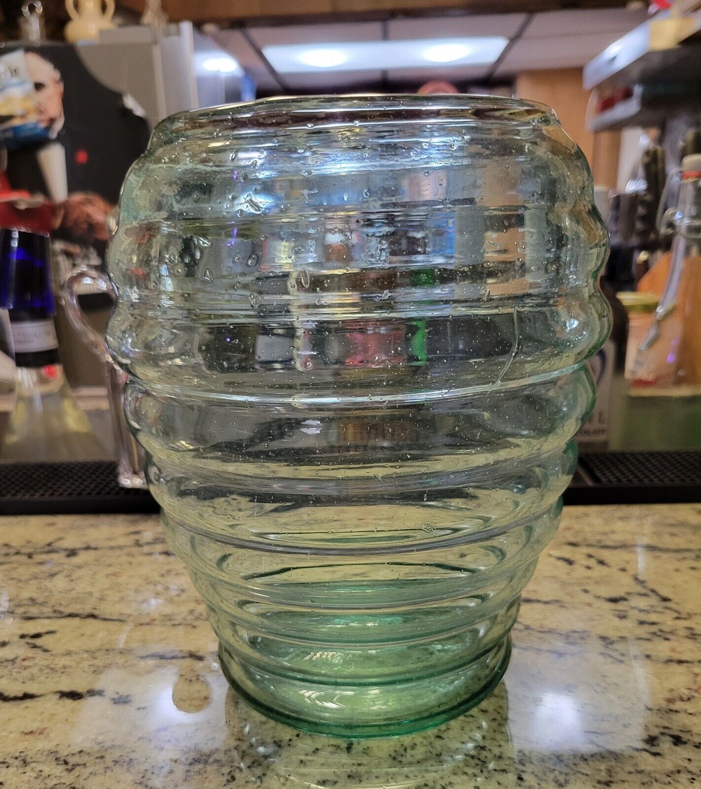1800s Mold Blown Aquamarine Glass Beehive Vase