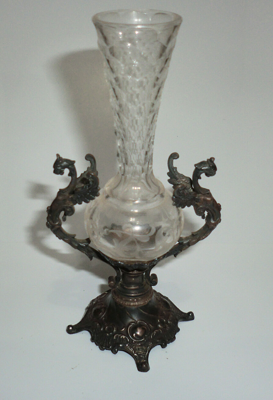 1800s Sterling Dragon Mythological Crystal Vase 4-3/4