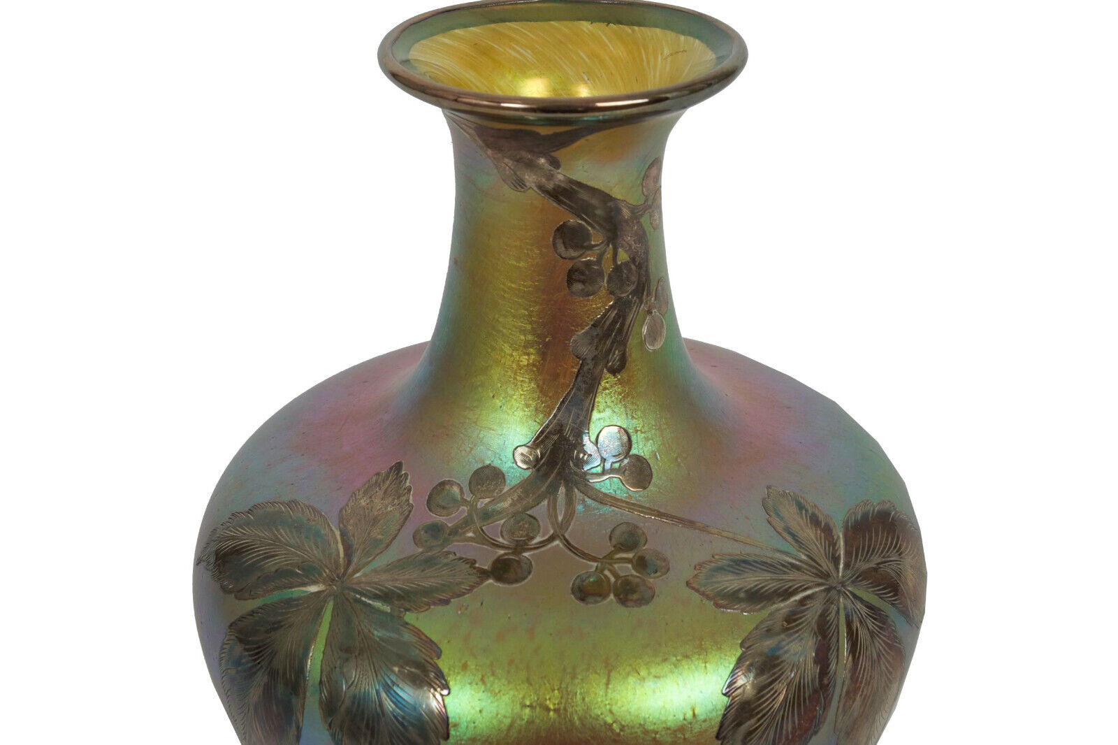 1900s Austrian Iridescent Glass Vase with Silver Overlay