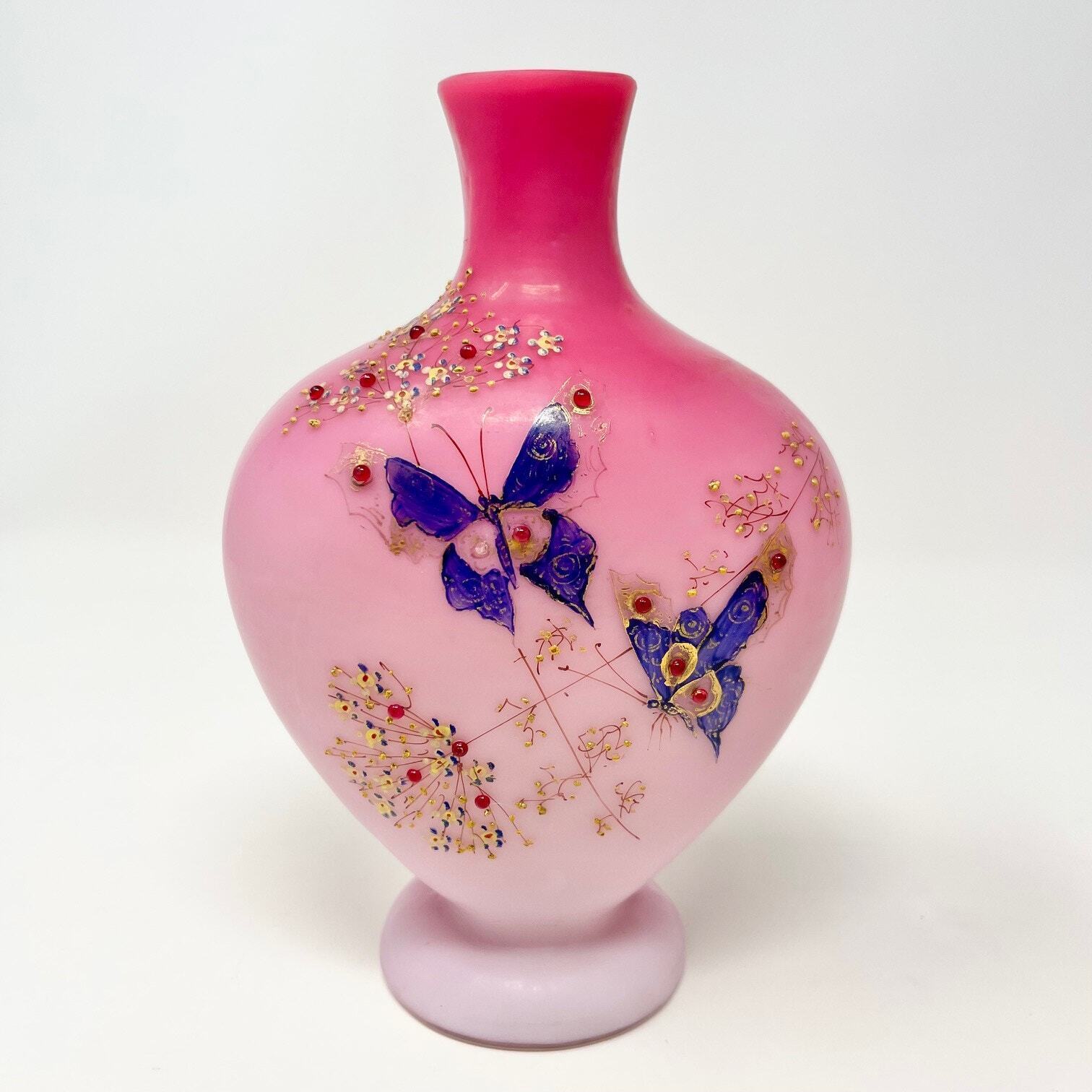 Victorian pink peach blow glass vase butterfly floral