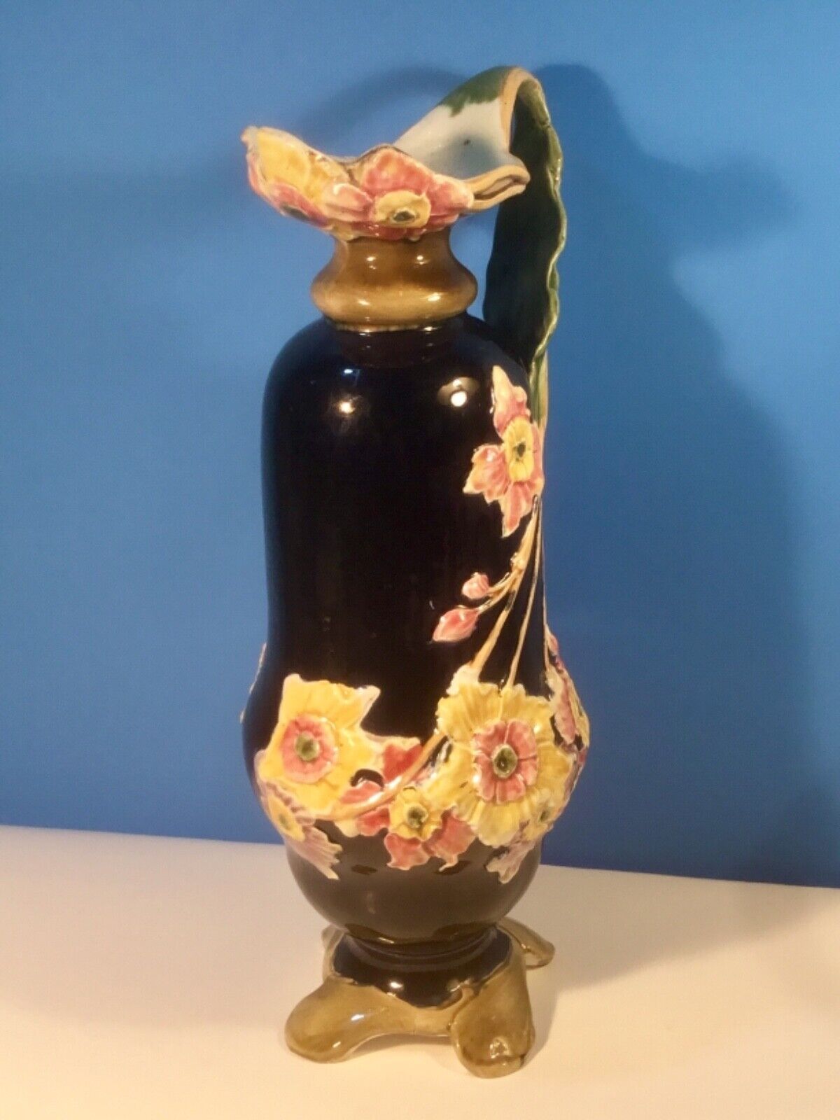 Art Nouveau Majolica Deep Blue Flowers Vase circa 1800's