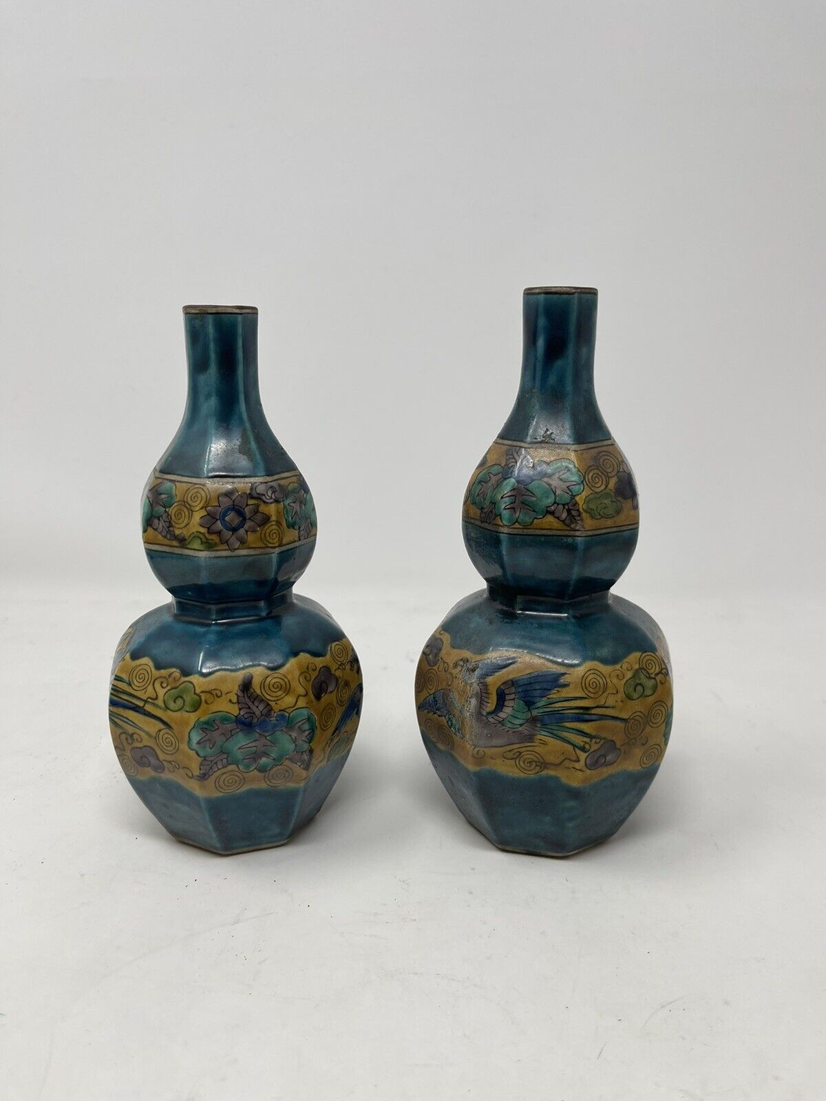 1800's Kutani Japanese Matching Vases with Dark Florals