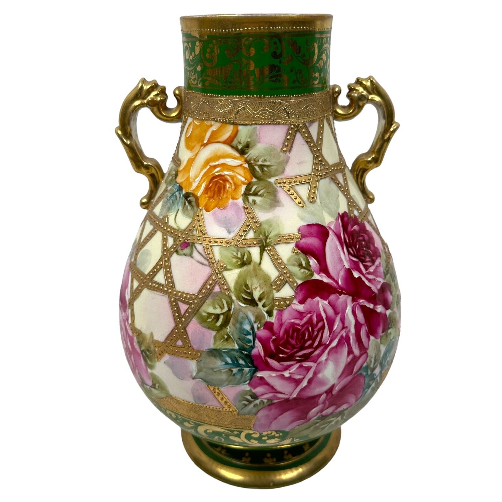 Nippon Hand Painted Vase with Gold Beaded Floral