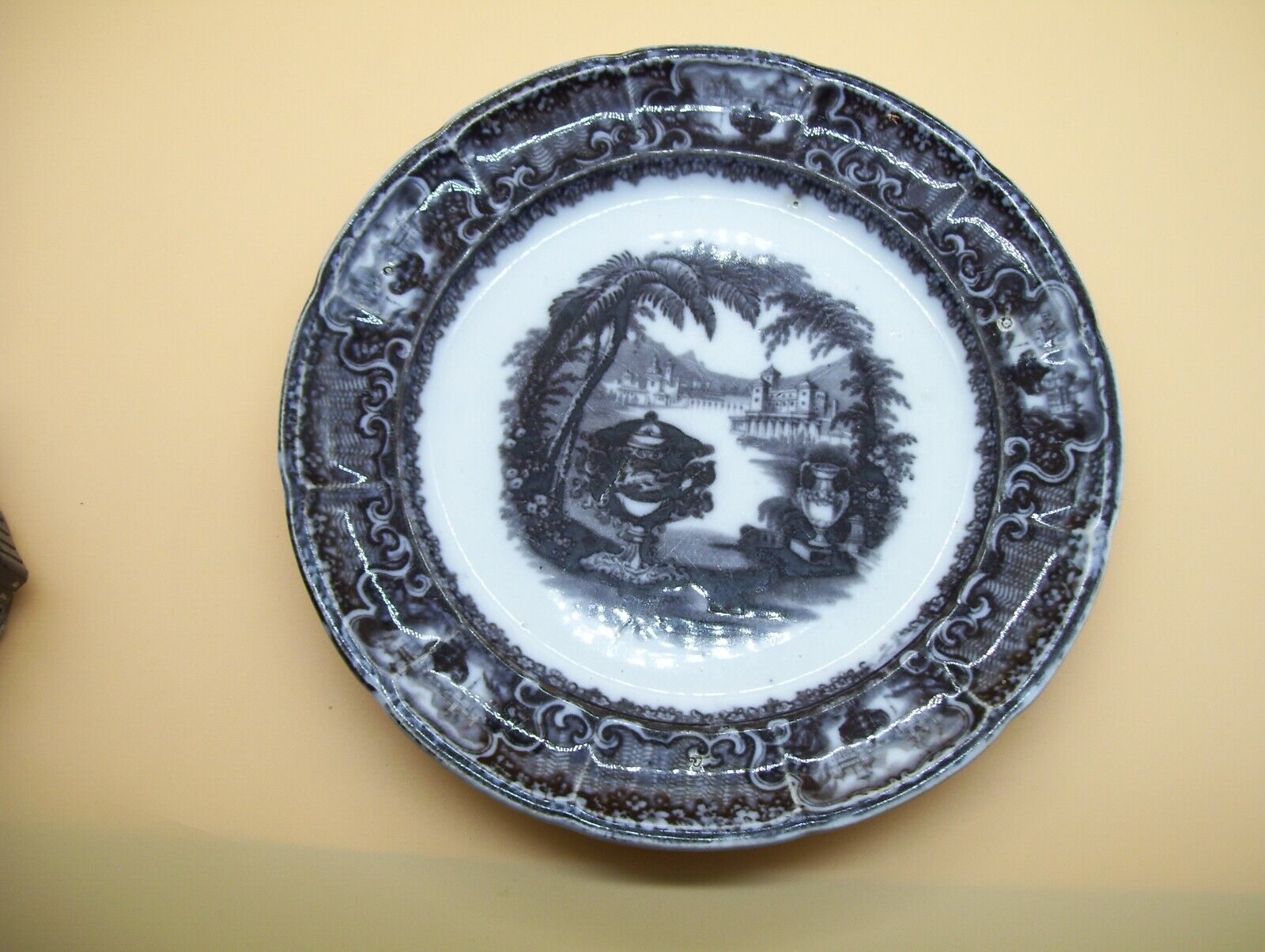 Antique 1800's Pearl Stoneware Black Washington Vase Plate