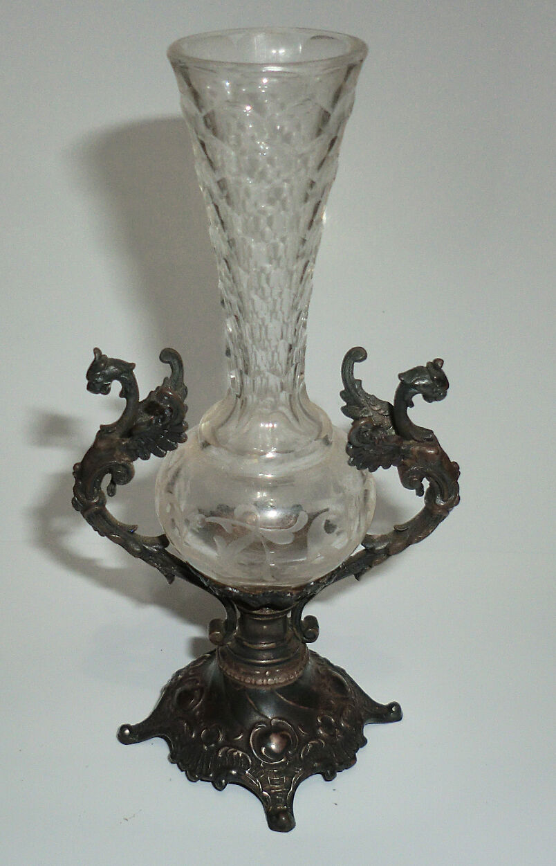 1800s Sterling Dragon Mythological Crystal Vase 4-3/4