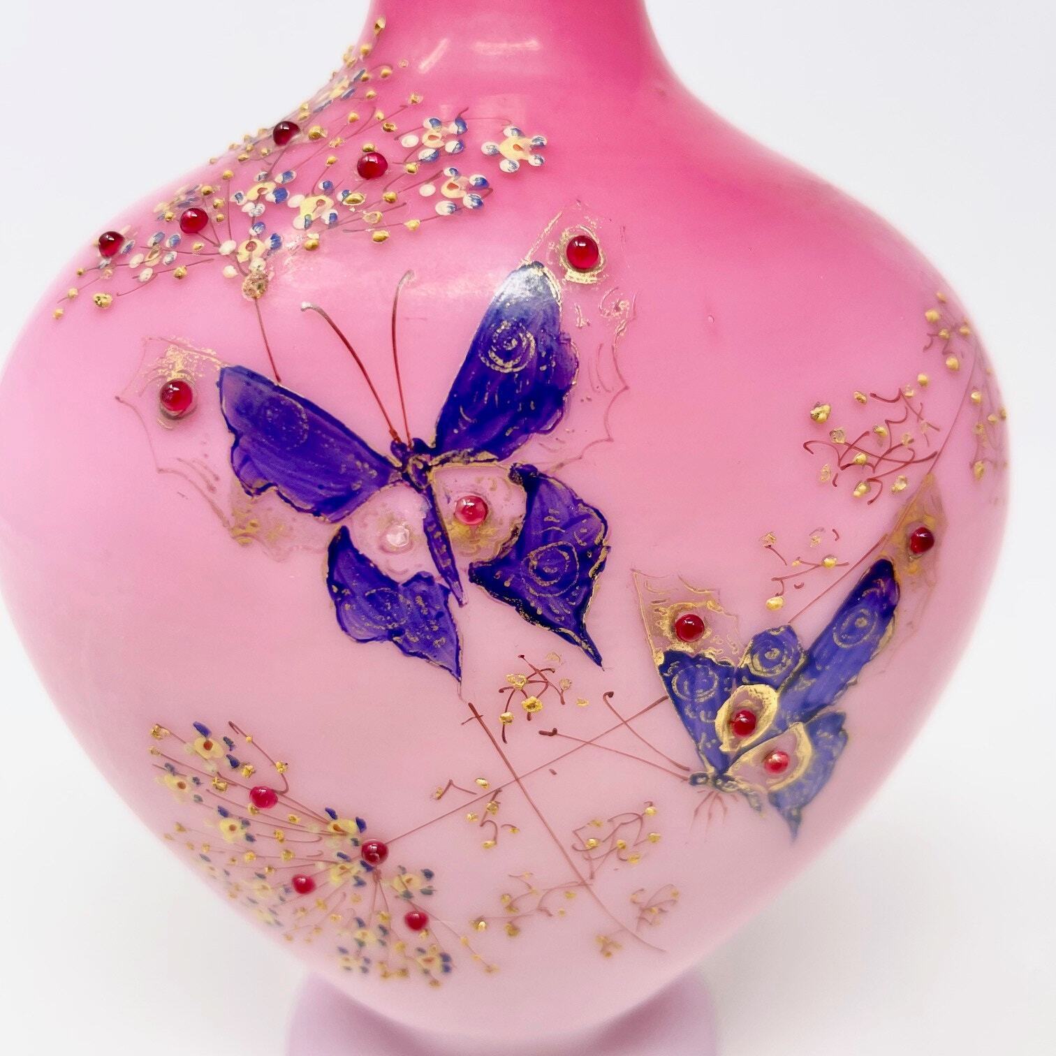 Victorian pink peach blow glass vase butterfly floral