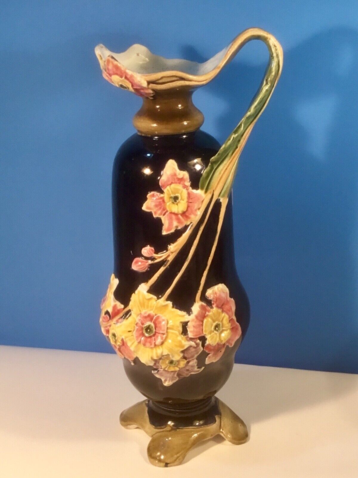 Art Nouveau Majolica Deep Blue Flowers Vase circa 1800's