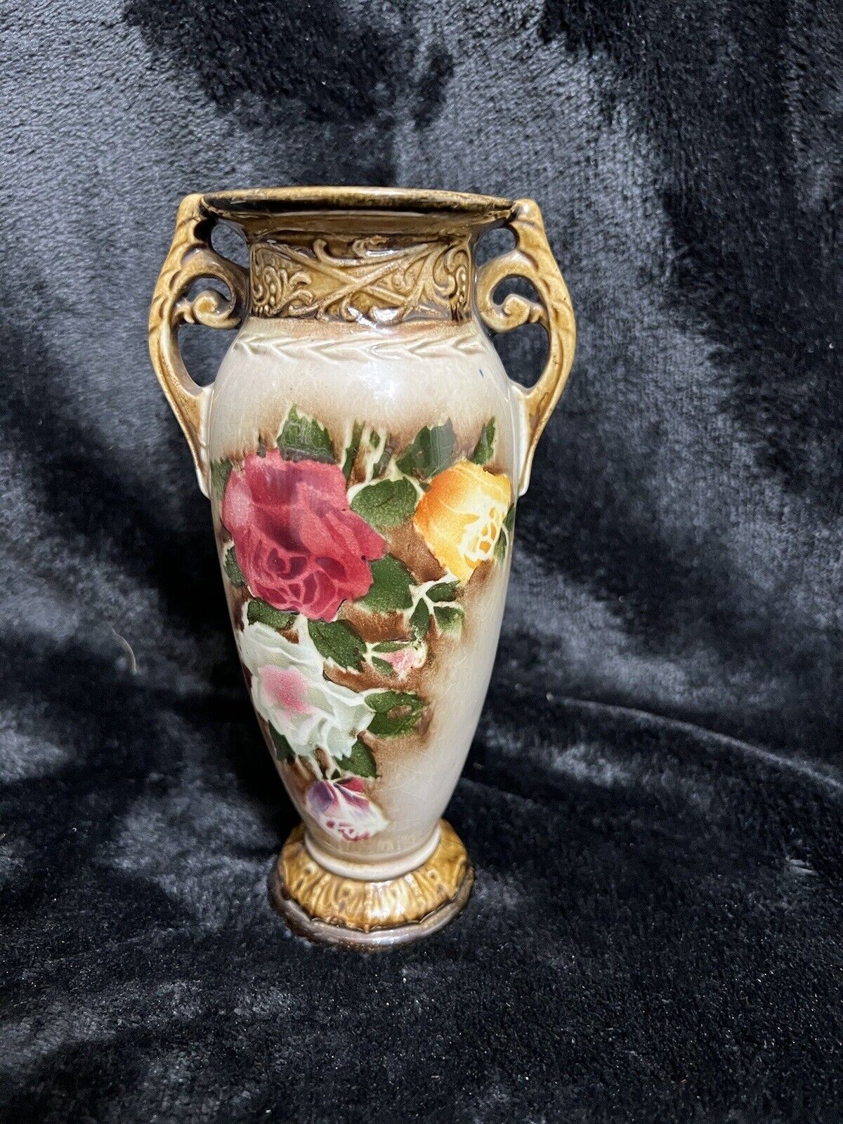Czechoslovakia Floral Rose Vase with Dual Handles