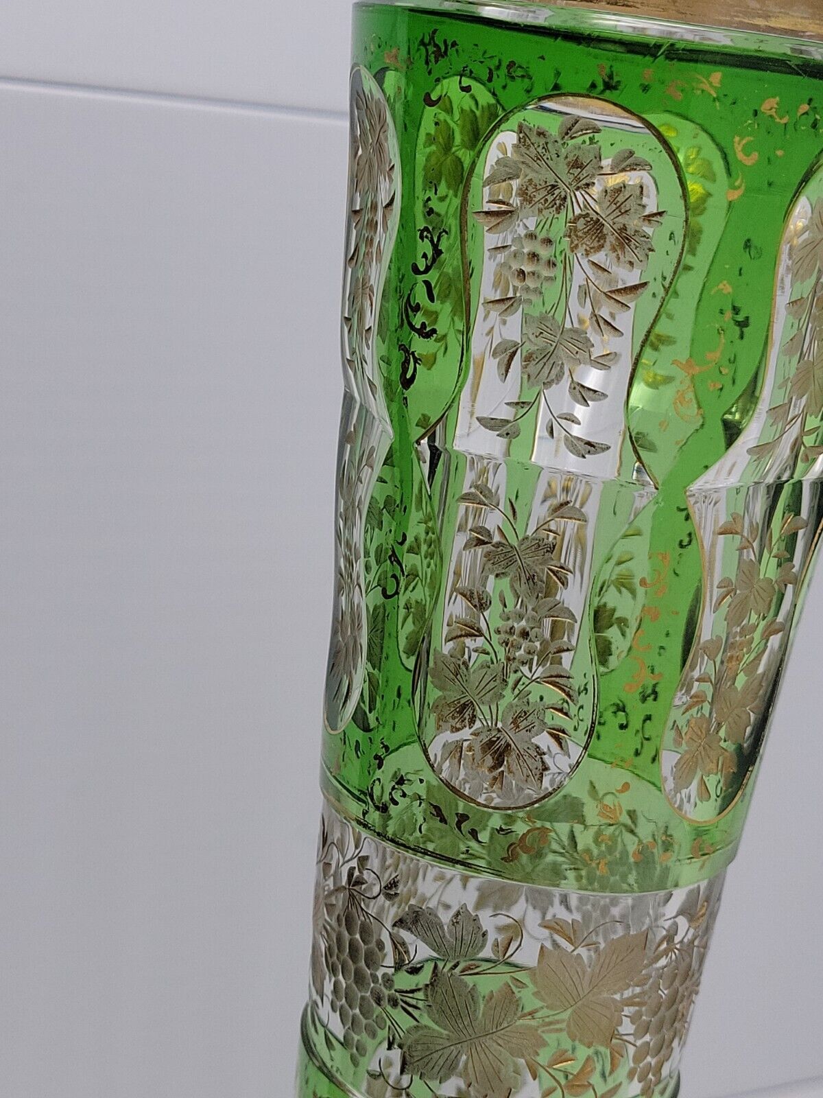 Antique Josephinenhutte Glass Vase with Gold Grapes