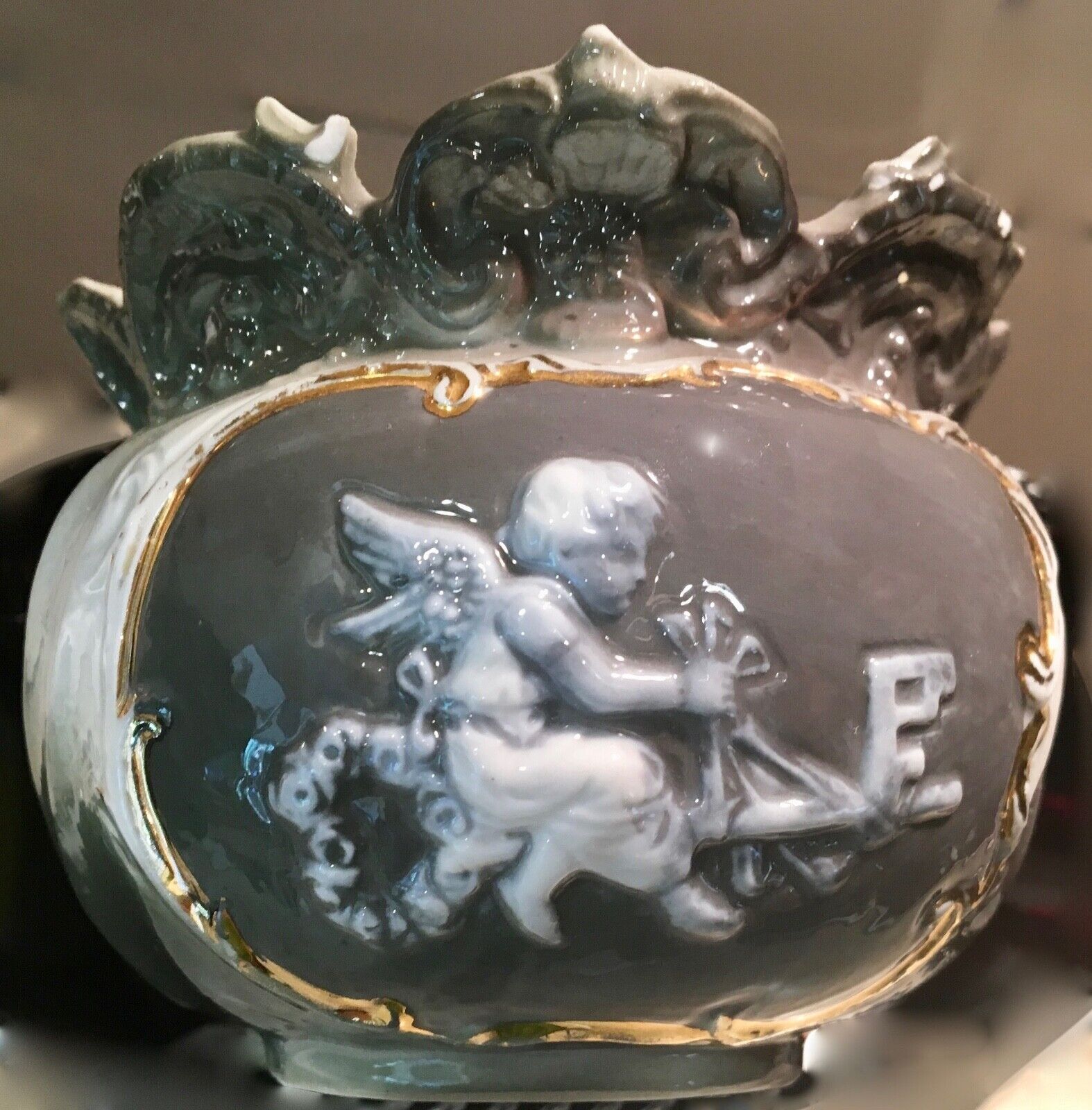 Embossed Porcelain Antique Cherub/Cupid Rose Vase German 1800's