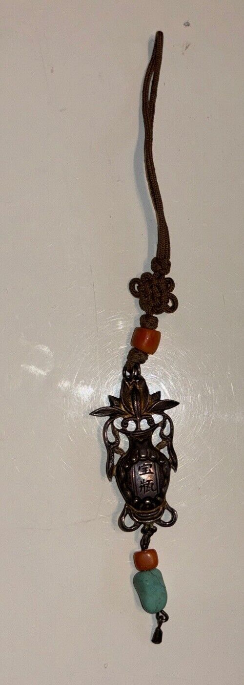 1800s Chinese Silver Amulet Vase with Coral & Turquoise