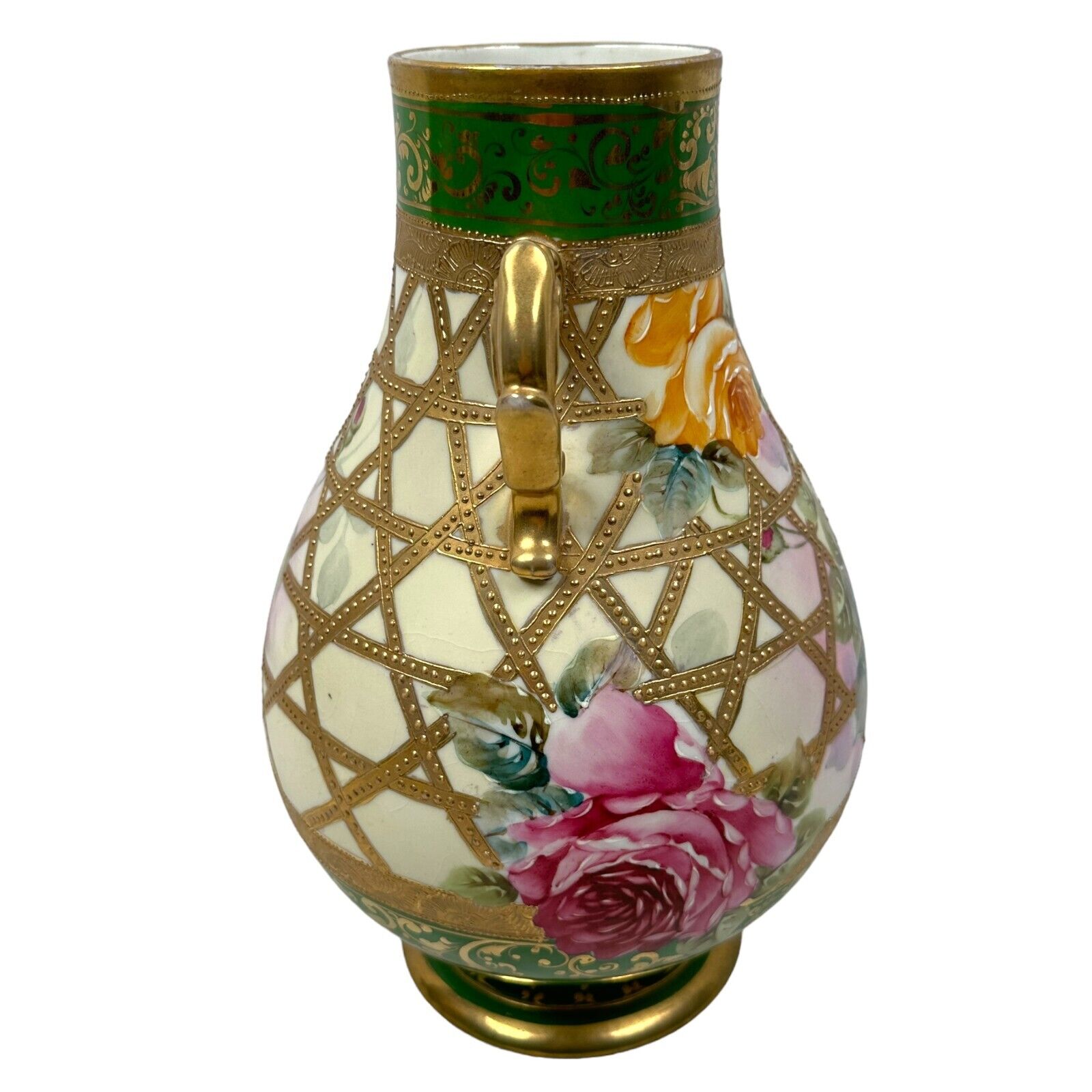 Nippon Hand Painted Vase with Gold Beaded Floral