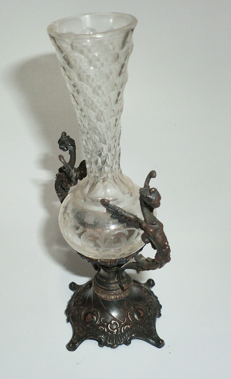 1800s Sterling Dragon Mythological Crystal Vase 4-3/4