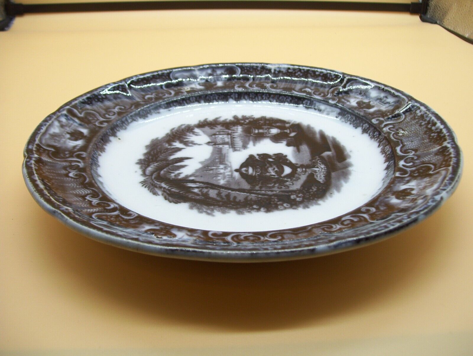 Antique 1800's Pearl Stoneware Black Washington Vase Plate