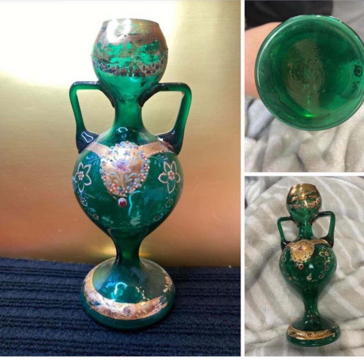 Czech Bohemian Green Double Handle Glass Vase