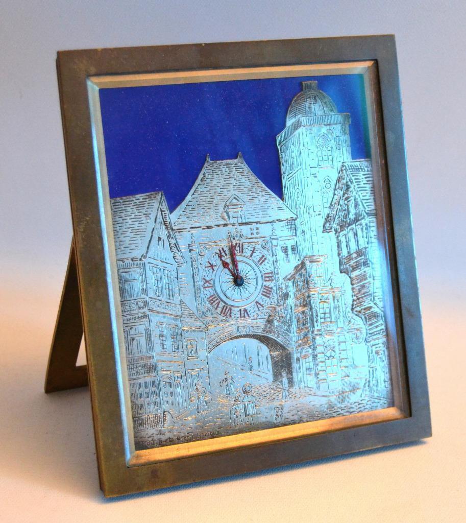 French Beveled Glass Silver Plaque Bronze Frame Clock