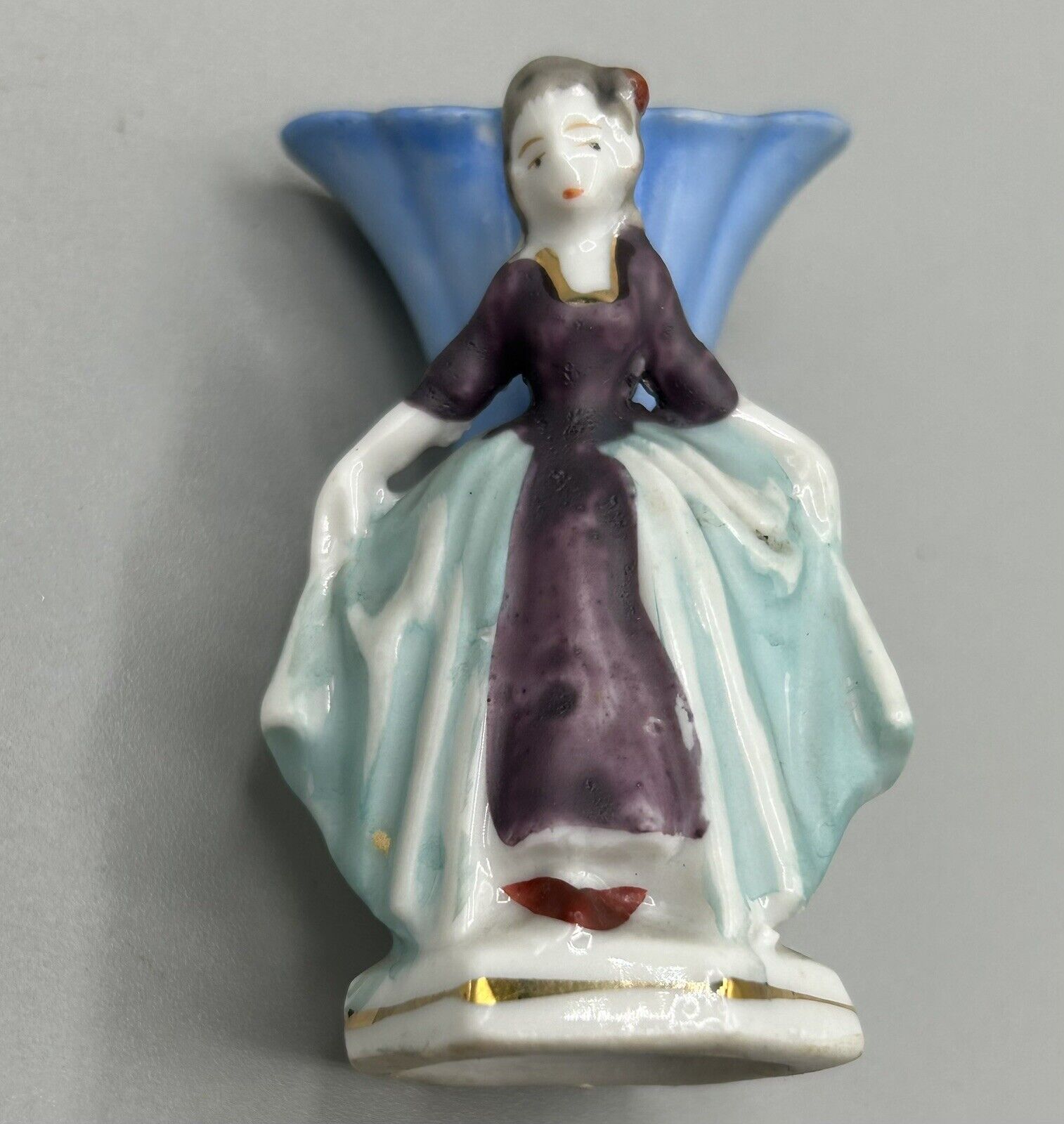 Vintage Hand-Painted Japanese Miniature Vase: Fabulous Lady in Purple & Aqua