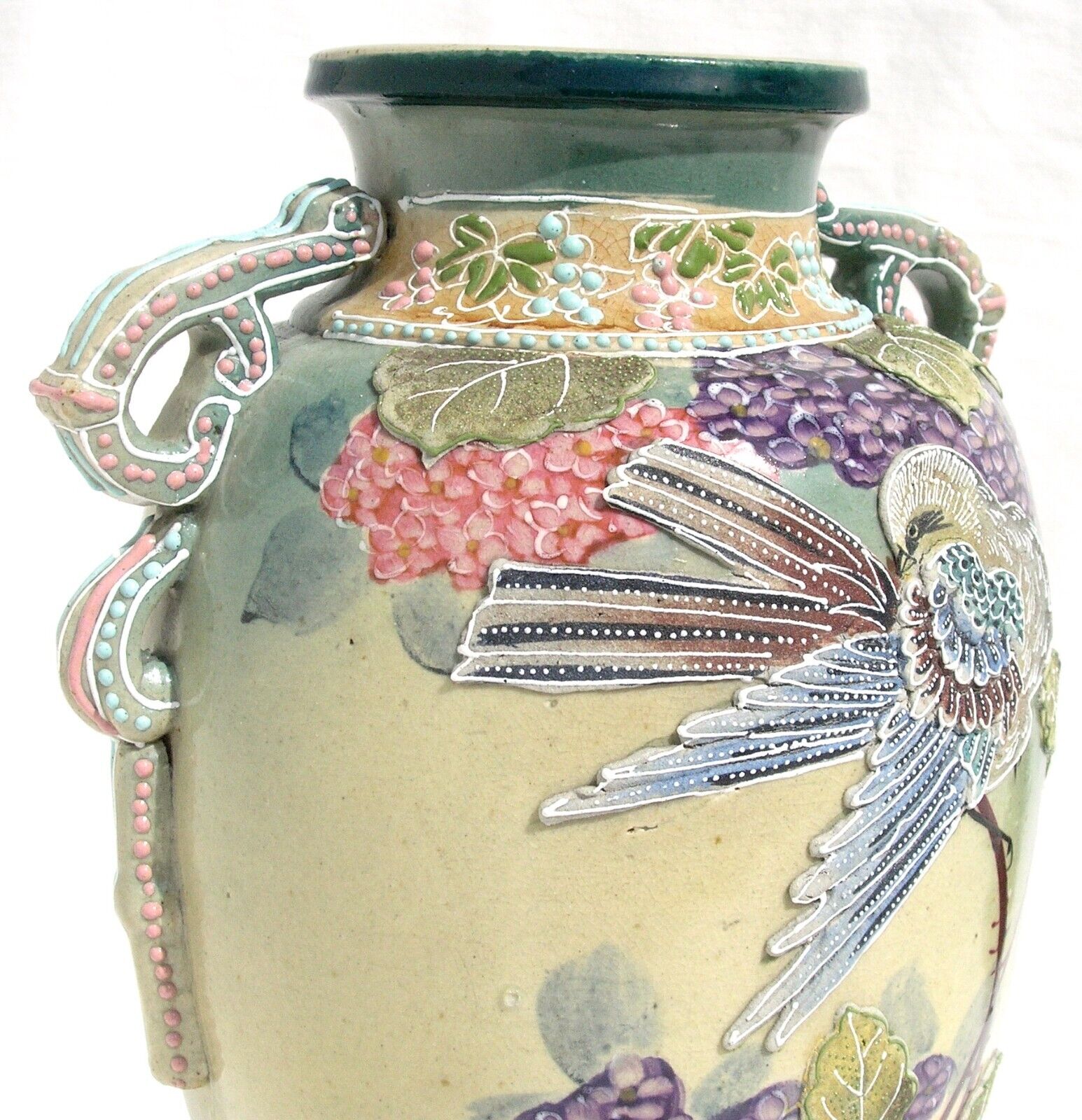 1900's Victorian Japanese Moriage Vase with Bird & Flowers