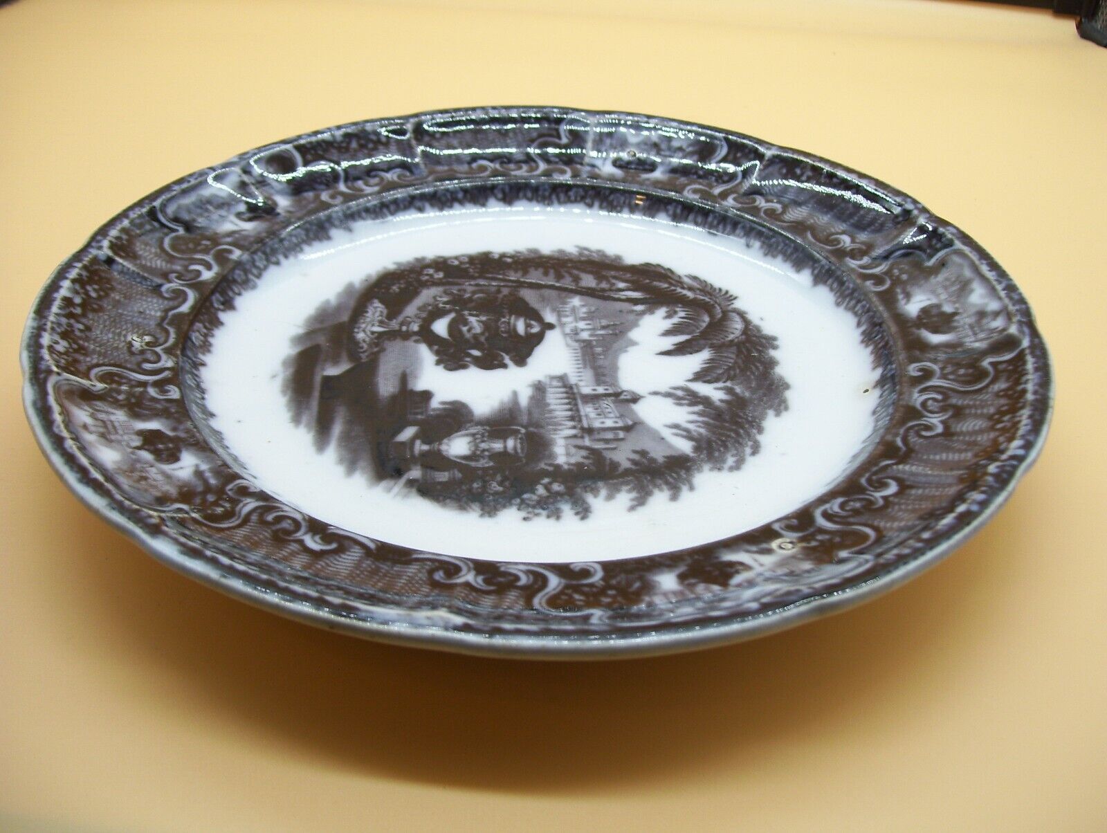Antique 1800's Pearl Stoneware Black Washington Vase Plate