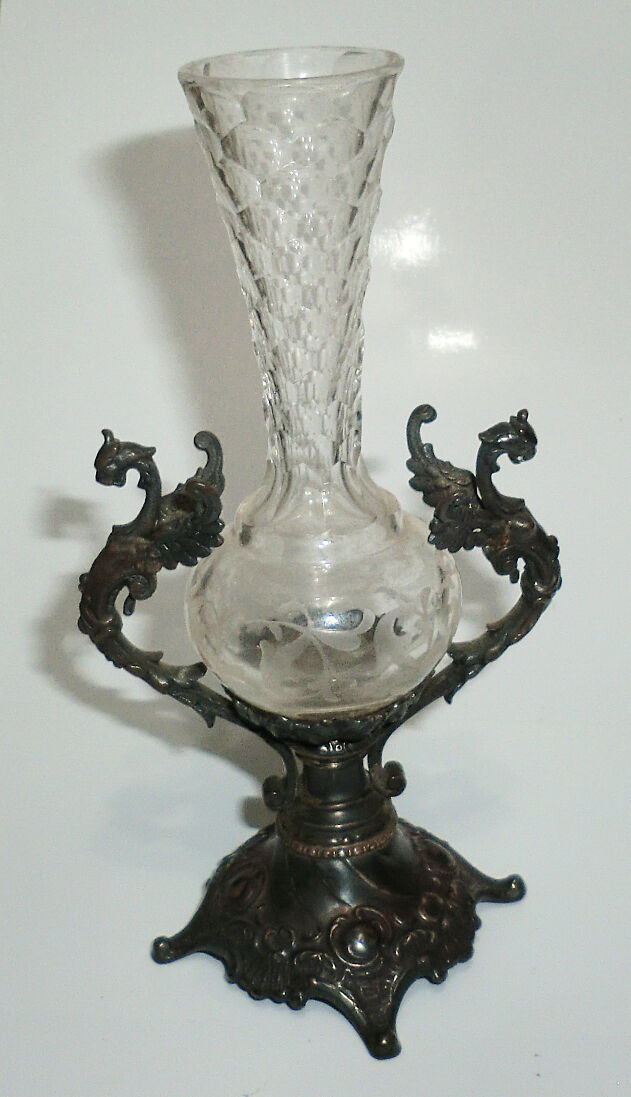 1800s Sterling Dragon Mythological Crystal Vase 4-3/4