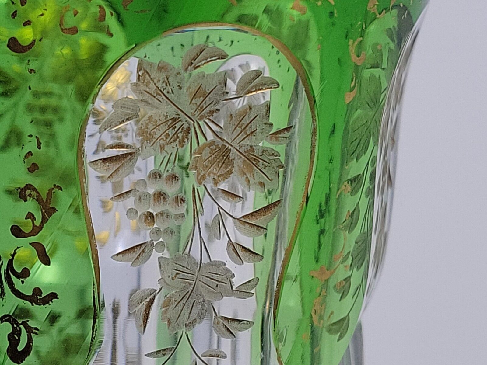 Antique Josephinenhutte Glass Vase with Gold Grapes