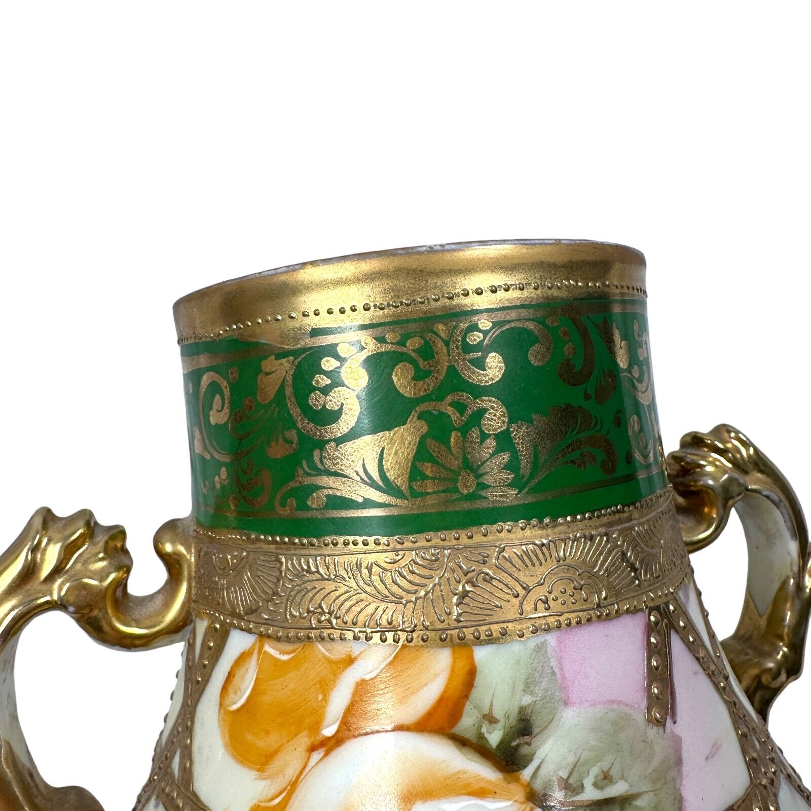 Nippon Hand Painted Vase with Gold Beaded Floral