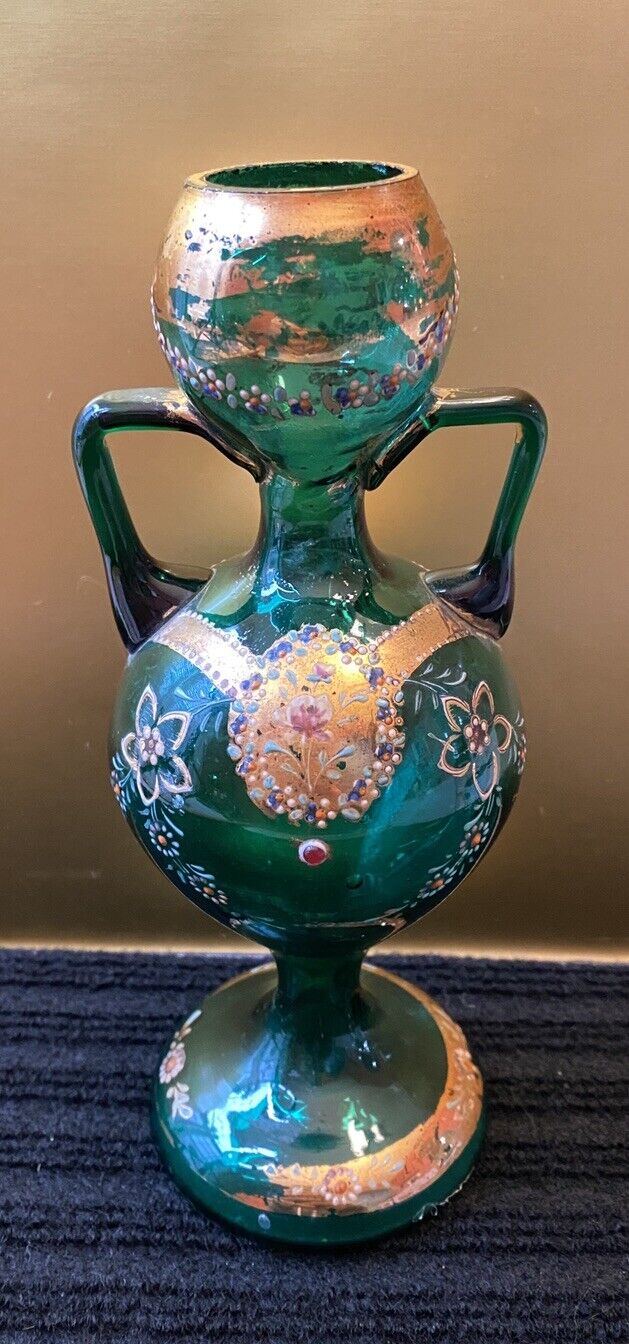 Czech Bohemian Green Double Handle Glass Vase