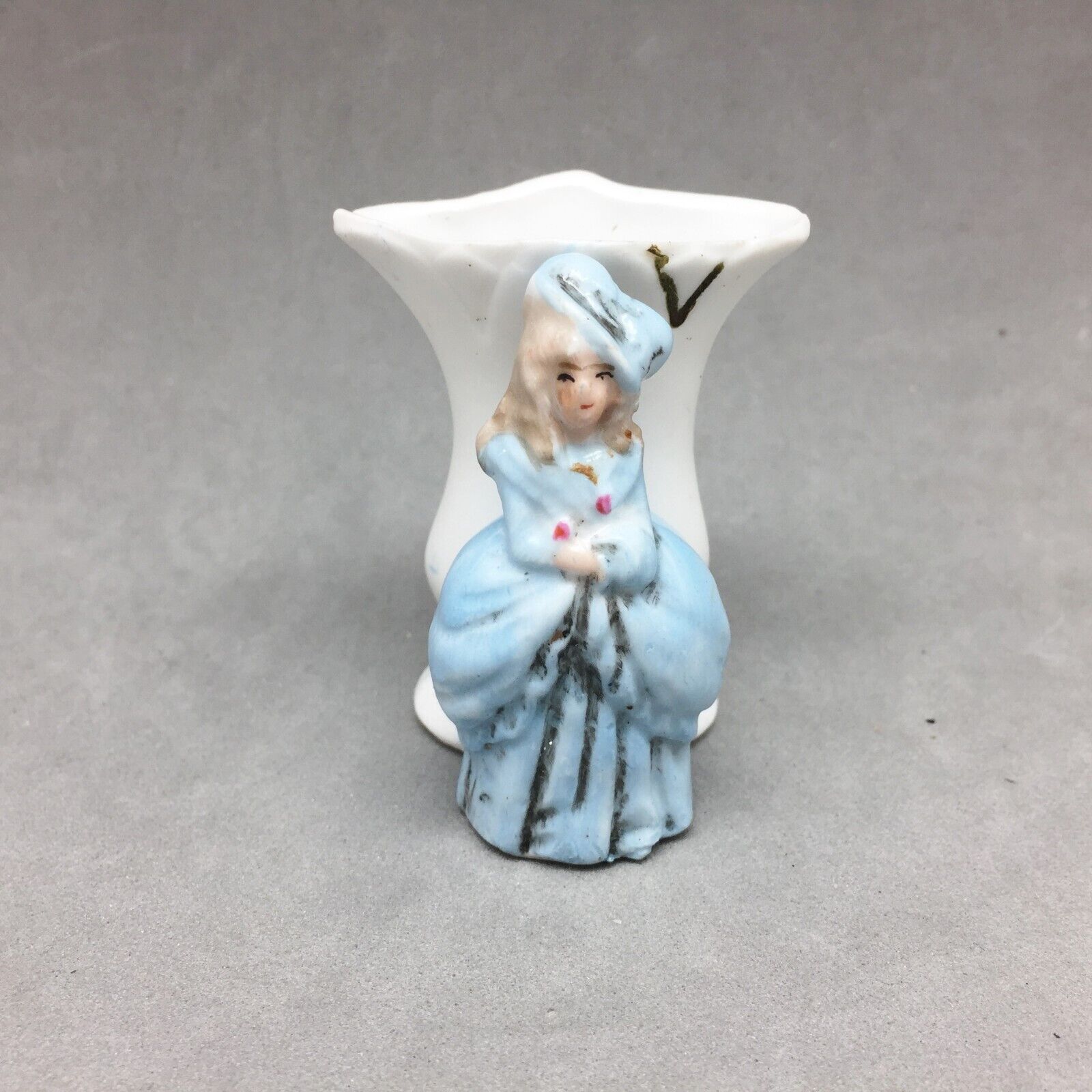 German Porcelain Toothpick Holder Miniature Vase Blue Lady