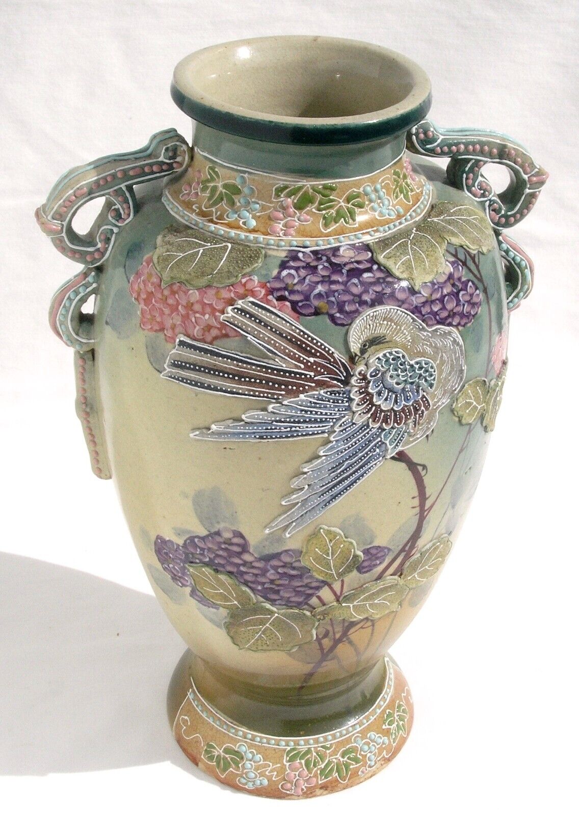 1900's Victorian Japanese Moriage Vase with Bird & Flowers
