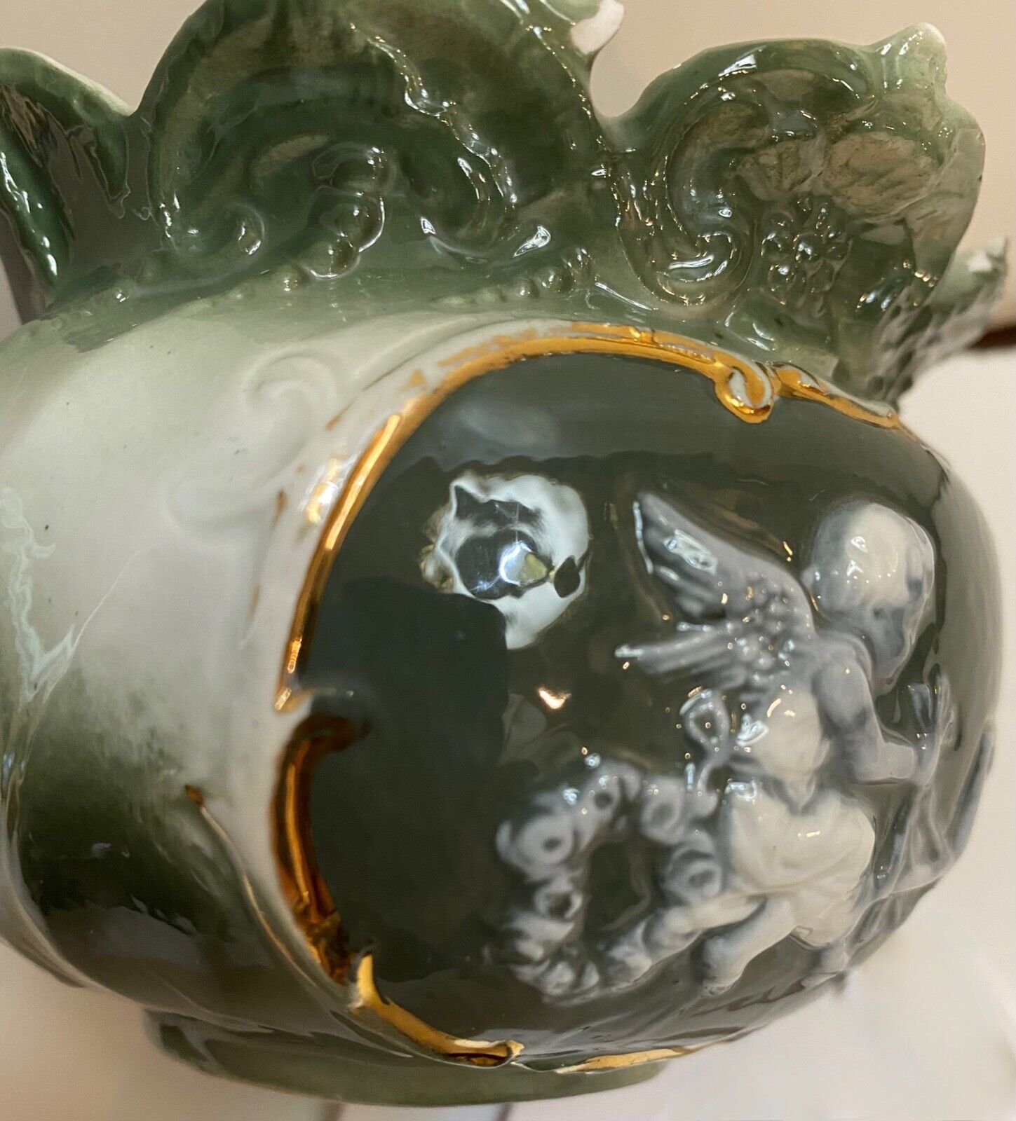 Embossed Porcelain Antique Cherub/Cupid Rose Vase German 1800's