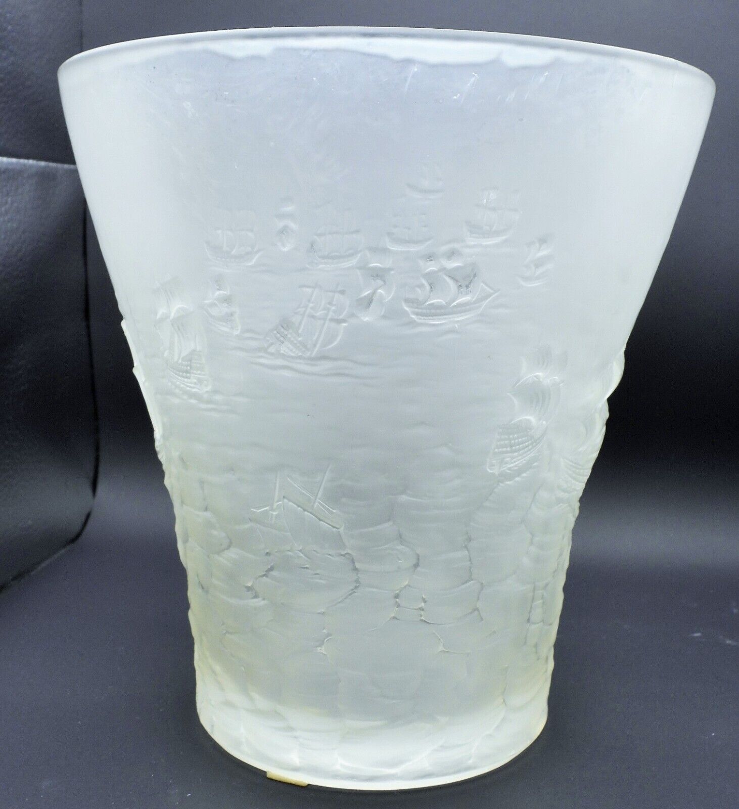 Antique Frosted Glass Navy Galleon Ships Large Vase