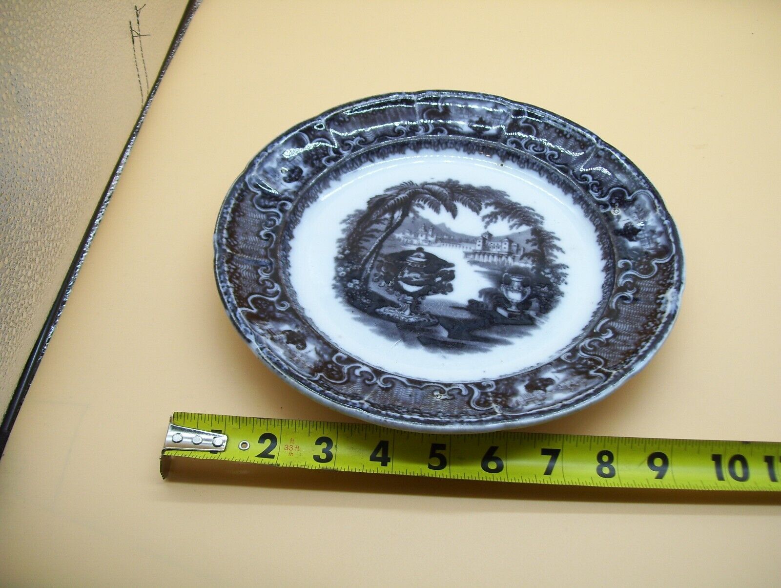 Antique 1800's Pearl Stoneware Black Washington Vase Plate