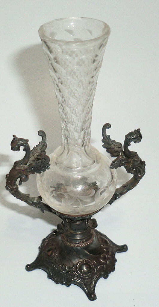 1800s Sterling Dragon Mythological Crystal Vase 4-3/4