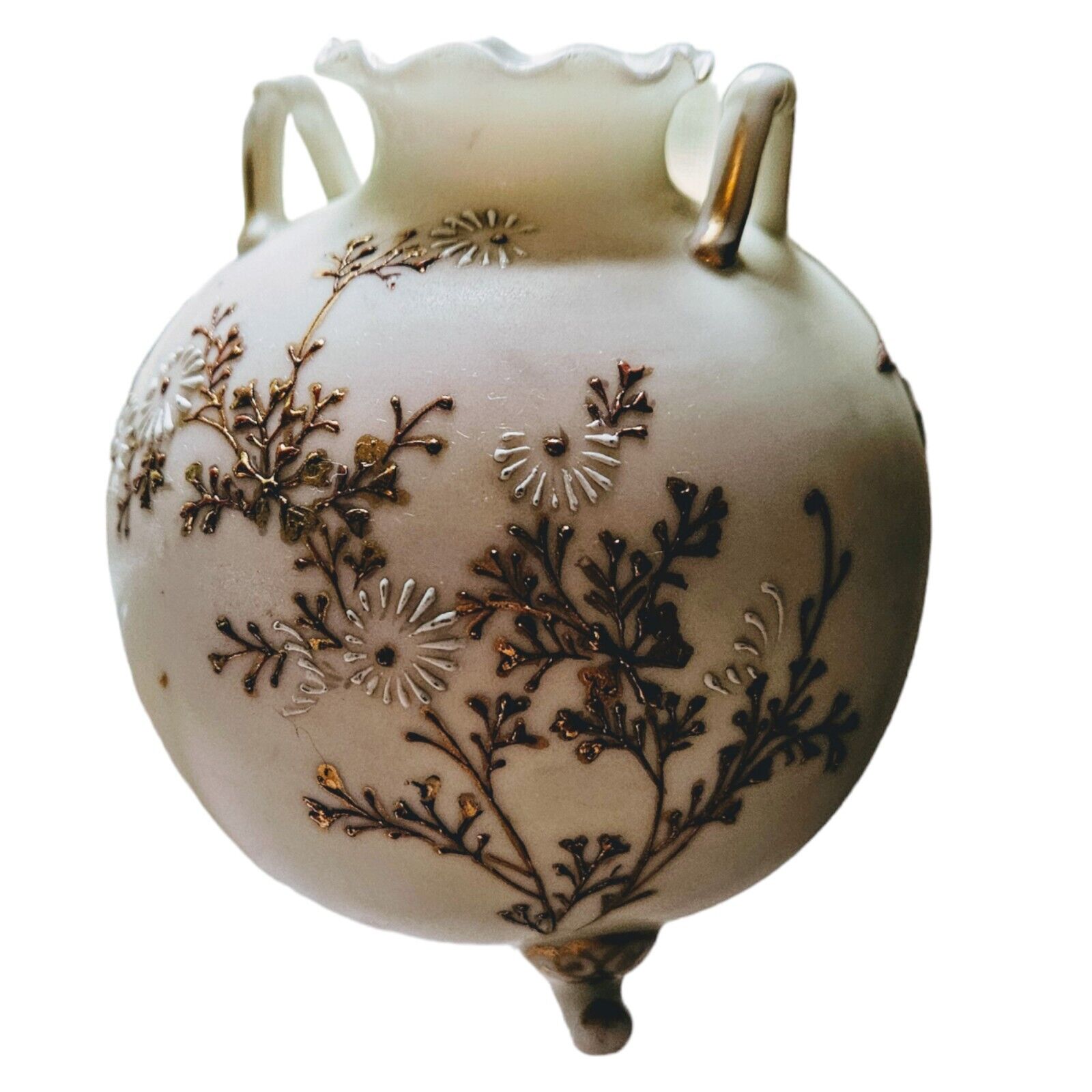 Enameled Satin Glass Antique Vase, 1800's Heavy Gold