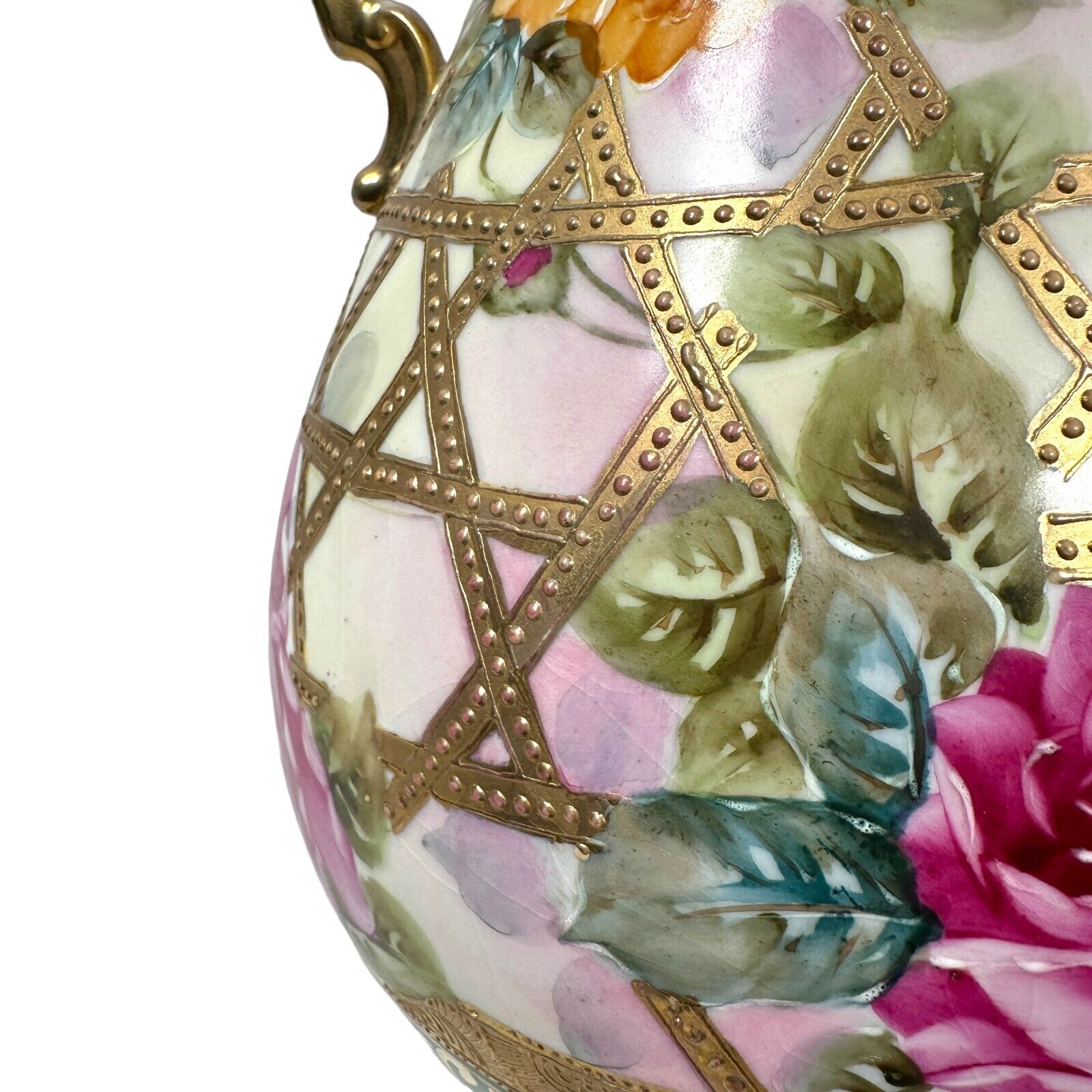 Nippon Hand Painted Vase with Gold Beaded Floral