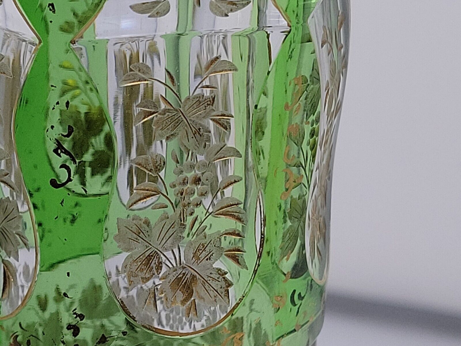 Antique Josephinenhutte Glass Vase with Gold Grapes