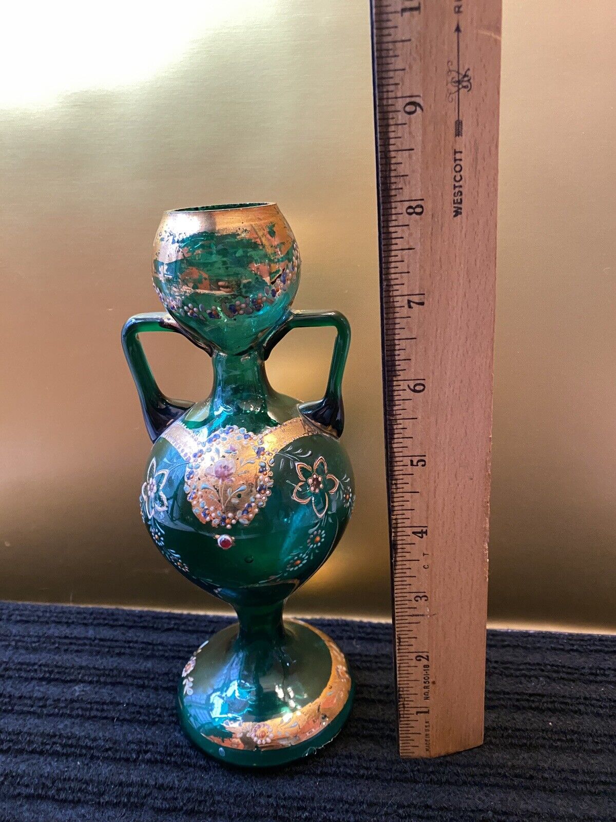 Czech Bohemian Green Double Handle Glass Vase