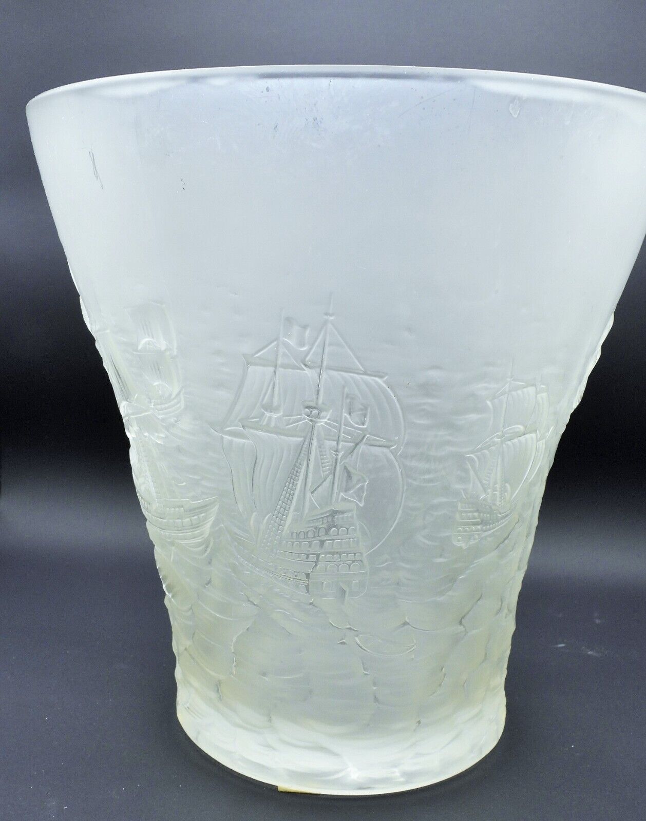 Antique Frosted Glass Navy Galleon Ships Large Vase